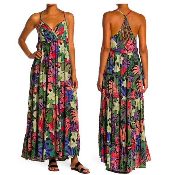 Penna&Pine Dresses & Skirts - Green Blue Braided Back Floral Boho Maxi Dress